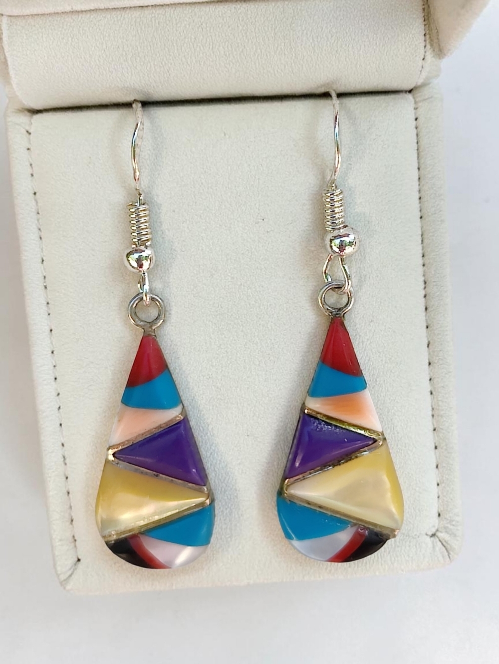Antique Sterling Silver Native American Mosaic Stone Drop Earrings